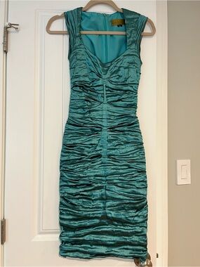 Nicole Miller Teal Ruched Midi Dress